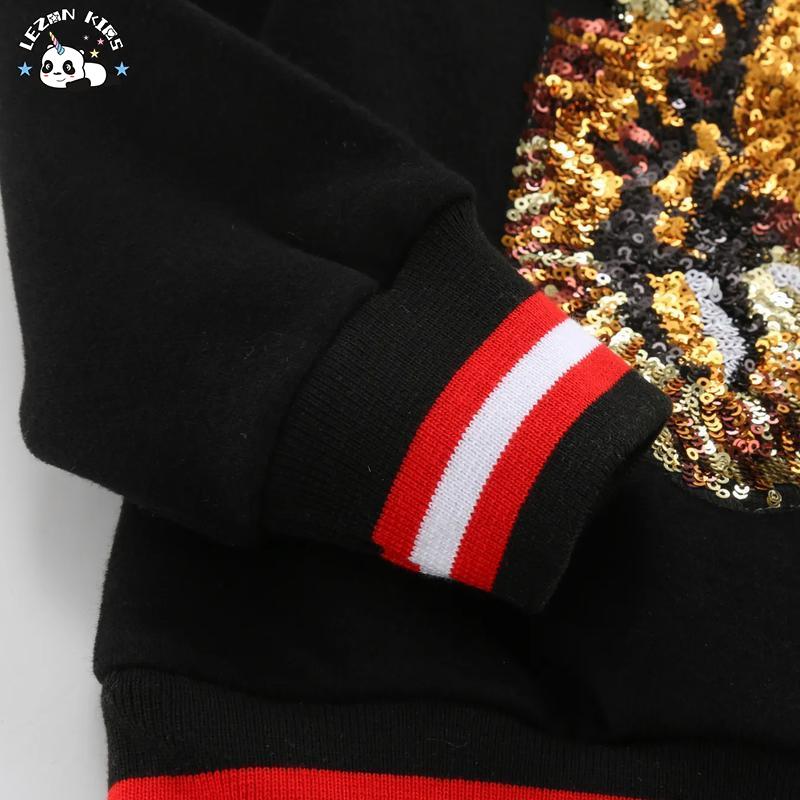 100% Cotton Brushed Fleece Warm Pullover Sequin Tiger Black Sweatshirt for Boys