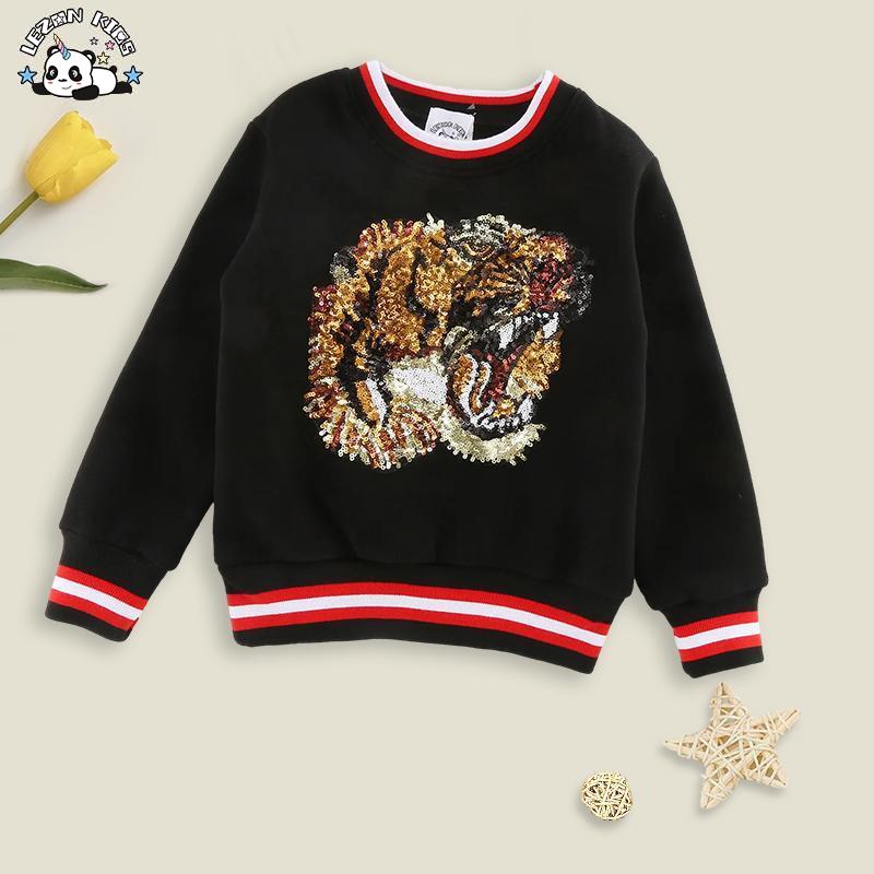 100% Cotton Brushed Fleece Warm Pullover Sequin Tiger Black Sweatshirt for Boys