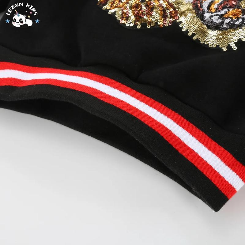 100% Cotton Brushed Fleece Warm Pullover Sequin Tiger Black Sweatshirt for Boys
