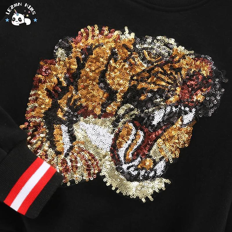 100% Cotton Brushed Fleece Warm Pullover Sequin Tiger Black Sweatshirt for Boys