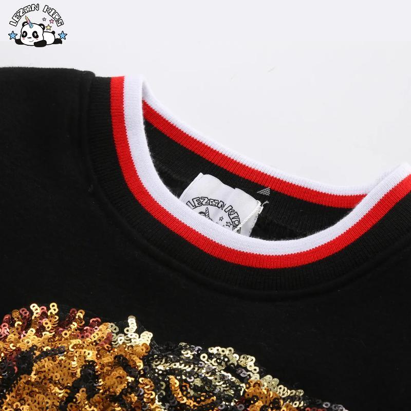 100% Cotton Brushed Fleece Warm Pullover Sequin Tiger Black Sweatshirt for Boys