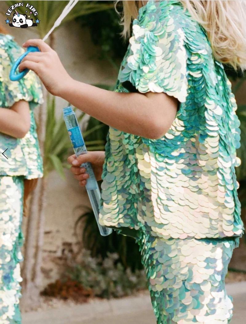 2024 Factory Direct Sale Custom Kids Summer Clothing Set Sequin T Shirt Pants for 5 to 14T Boys and Girls