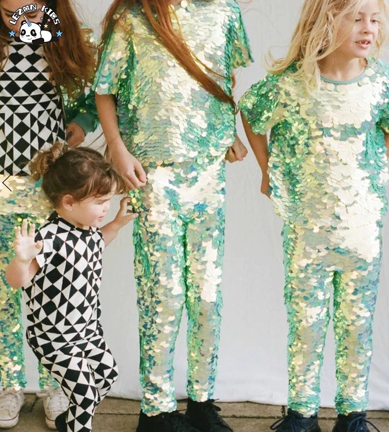 2024 Factory Direct Sale Custom Kids Summer Clothing Set Sequin T Shirt Pants for 5 to 14T Boys and Girls