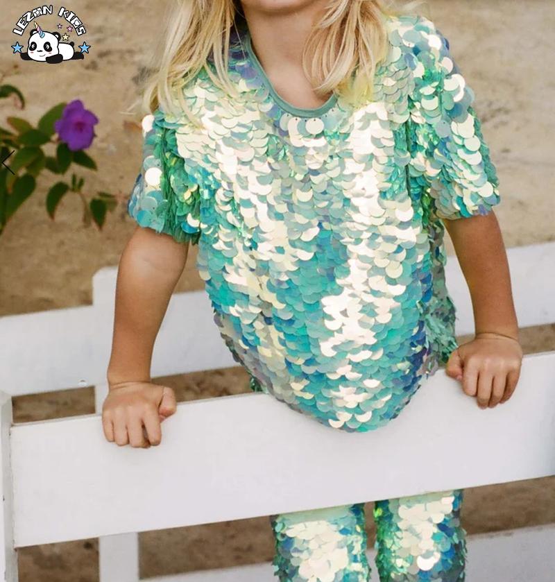2024 Factory Direct Sale Custom Kids Summer Clothing Set Sequin T Shirt Pants for 5 to 14T Boys and Girls