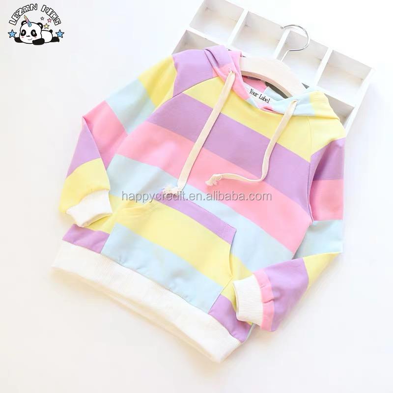 Customizable Girls Striped Pullover Sweatshirt Long Sleeved Cotton Hoodie Lined Design Kids' Clothing for 2-14T
