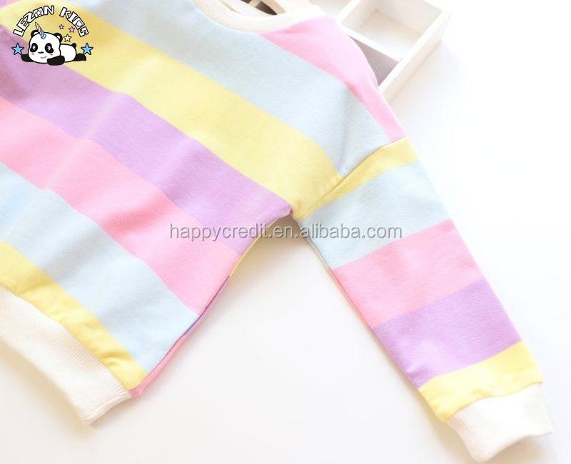 Customizable Girls Striped Pullover Sweatshirt Long Sleeved Cotton Hoodie Lined Design Kids' Clothing for 2-14T