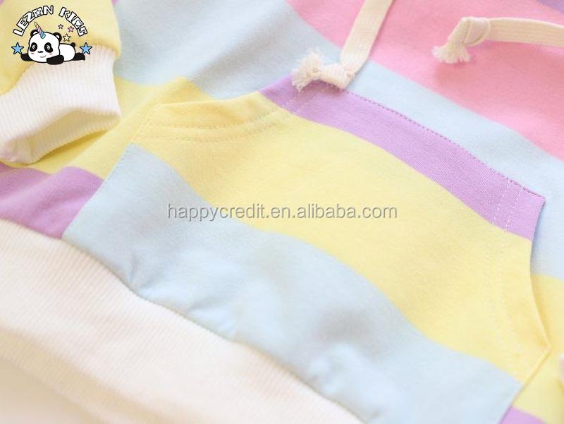 Customizable Girls Striped Pullover Sweatshirt Long Sleeved Cotton Hoodie Lined Design Kids' Clothing for 2-14T