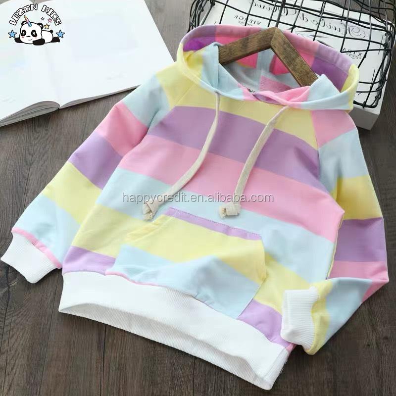 Customizable Girls Striped Pullover Sweatshirt Long Sleeved Cotton Hoodie Lined Design Kids' Clothing for 2-14T