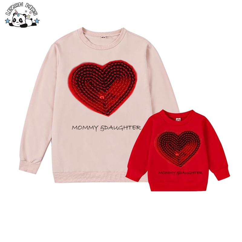 Customized Logo Mother's Day Love Sequined Heart Sweatshirt Best Gift Family Matching Clothing Set