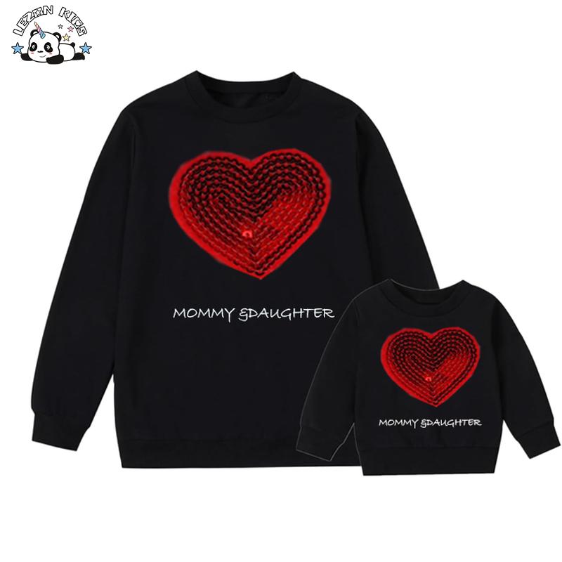 Customized Logo Mother's Day Love Sequined Heart Sweatshirt Best Gift Family Matching Clothing Set