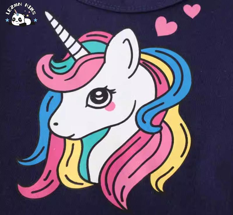 OEM Customizable Colorful Heart Foil Printing Unicorn Dress Short Sleeves Unicorn Girls Dress