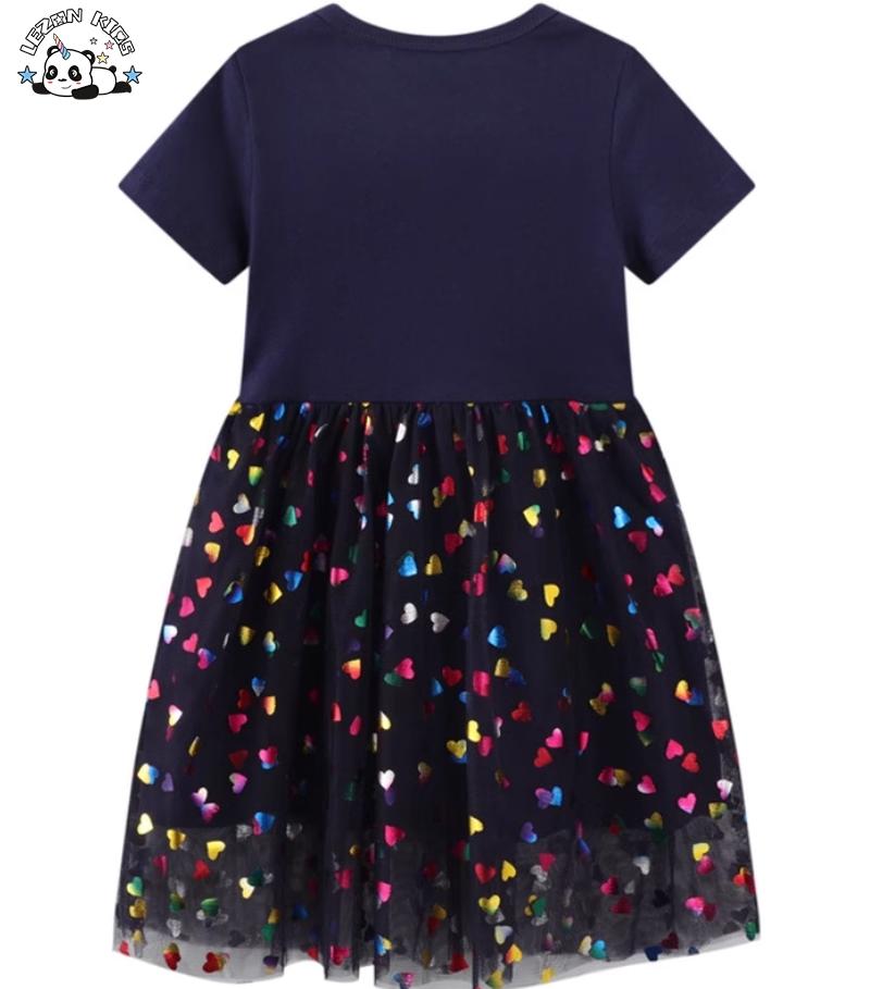 OEM Customizable Colorful Heart Foil Printing Unicorn Dress Short Sleeves Unicorn Girls Dress