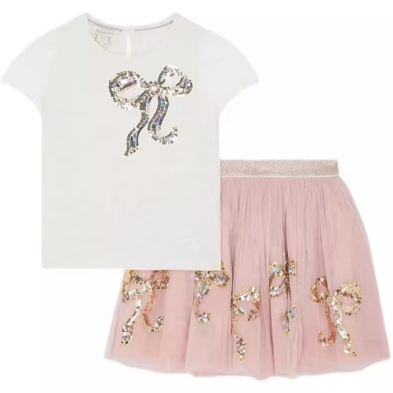 Custom Girls Sequined Short Sleeve T-Shirt and Skirt Set