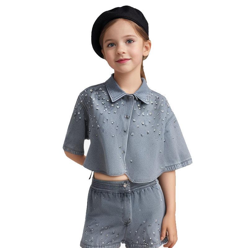 Custom Girls’ Two-Piece Diamond Denim Skirt Set