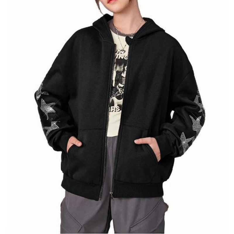Knitted Solid Star Rhinestones Hooded Sweatshirt