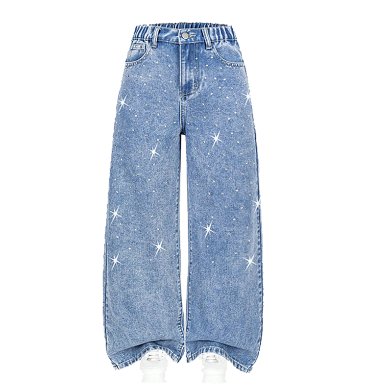 Girls’ Kids Rhinestone Decorated Loose Wide-Leg Denim Pants