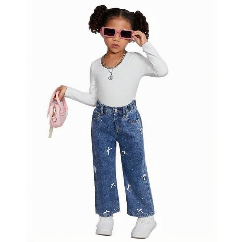 Custom Girls’ Casual High Waist Comfy Bow Rhinestonee Jeans