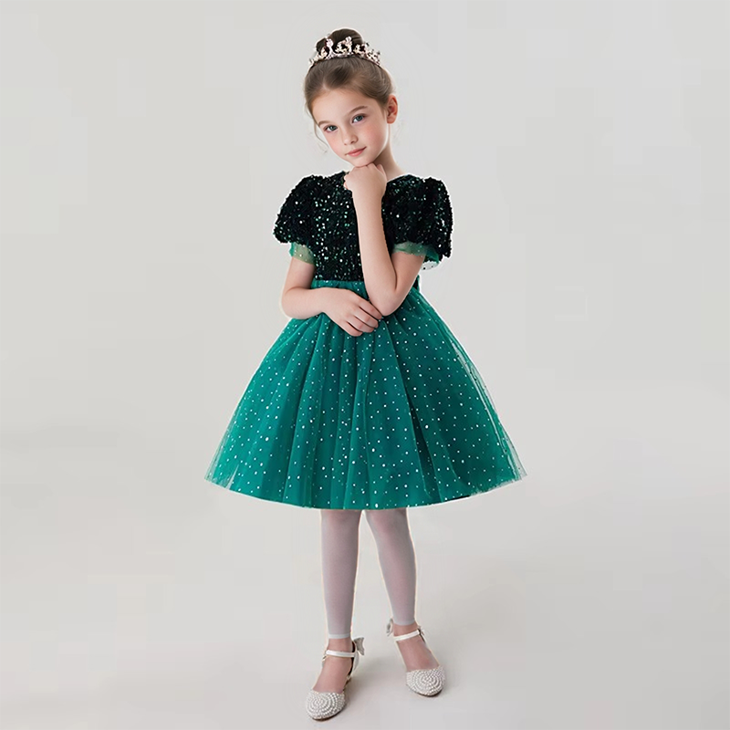 Custom Girls Puff Sleeve Sequined Glitter Tulle Dress