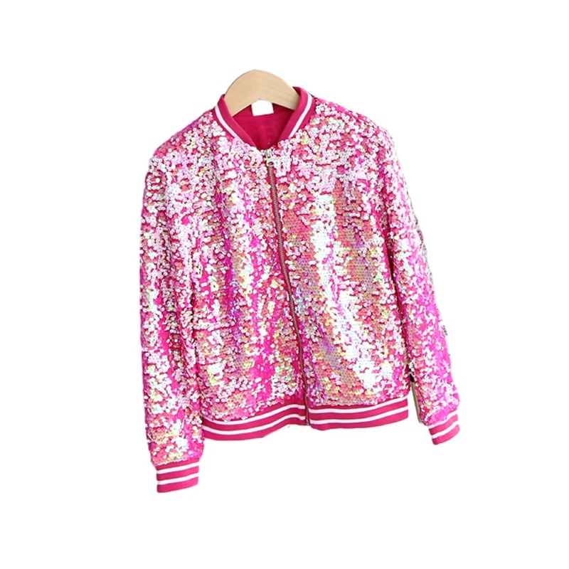 Custom Girls Ribbed Cuff Sequin Bomber Jacket