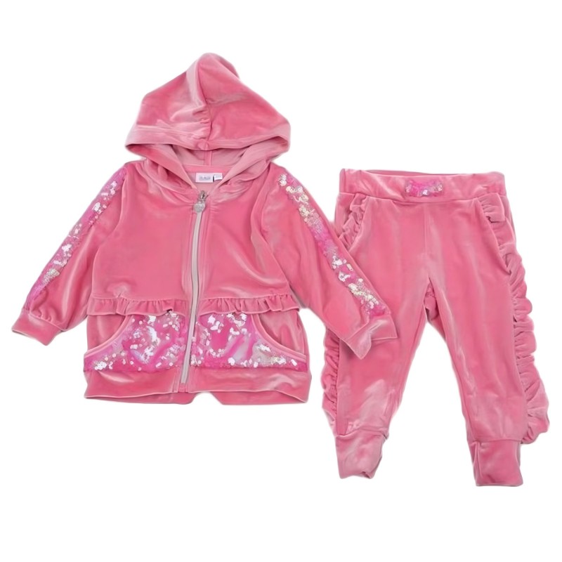 Girls Pink Sequin Velvet Hoodie and Pants Two pieces Sets