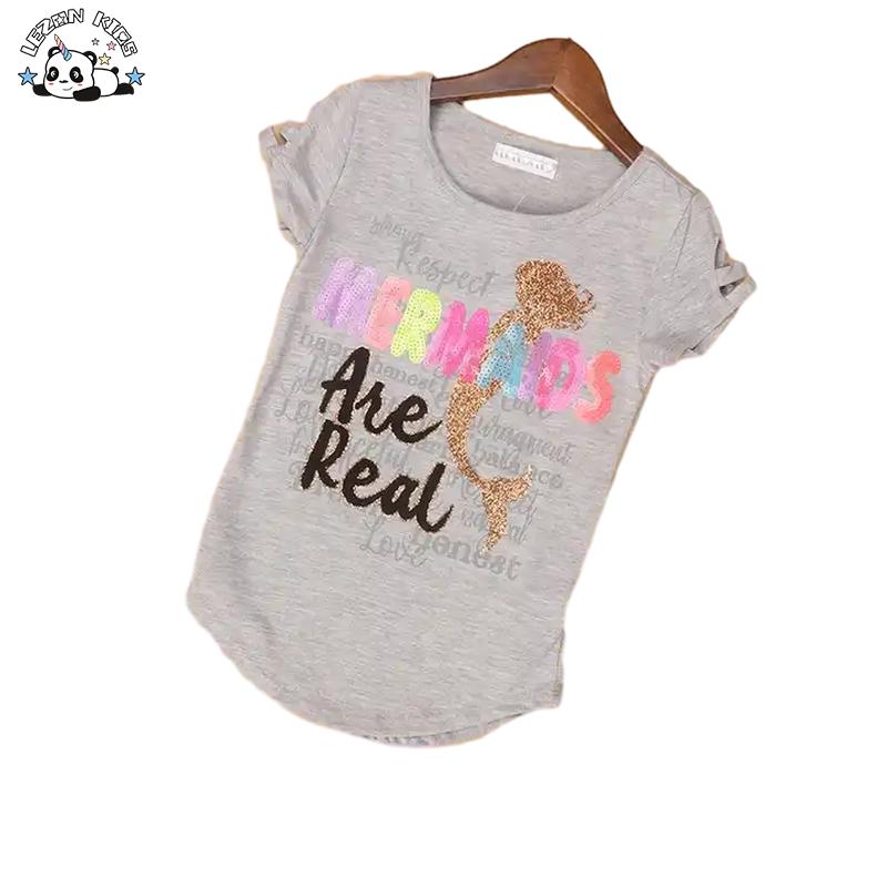 Girls Summer Grey T-Shirt Glitter Printing Mermaid Rainbow Curve Line Plain Design Kids’ Clothing