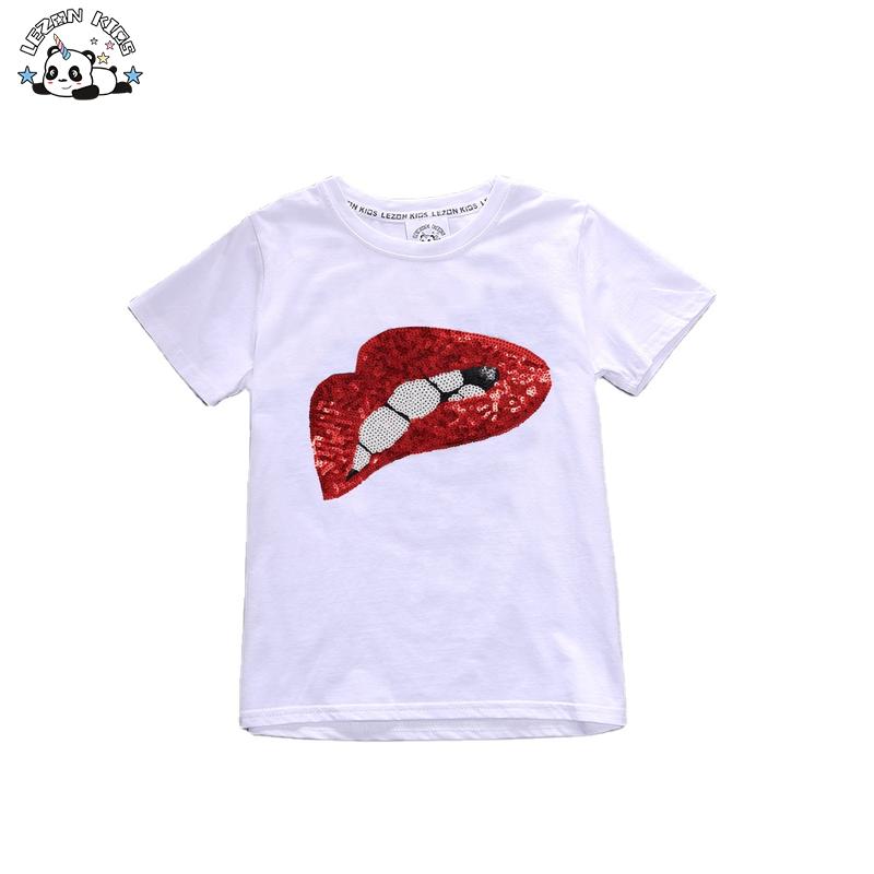 Wholesale White Kids T-Shirt for Girls Casual Cotton O-Neck Printed Short Sleeve Sequin Lips Fancy Pattern T-Shirt