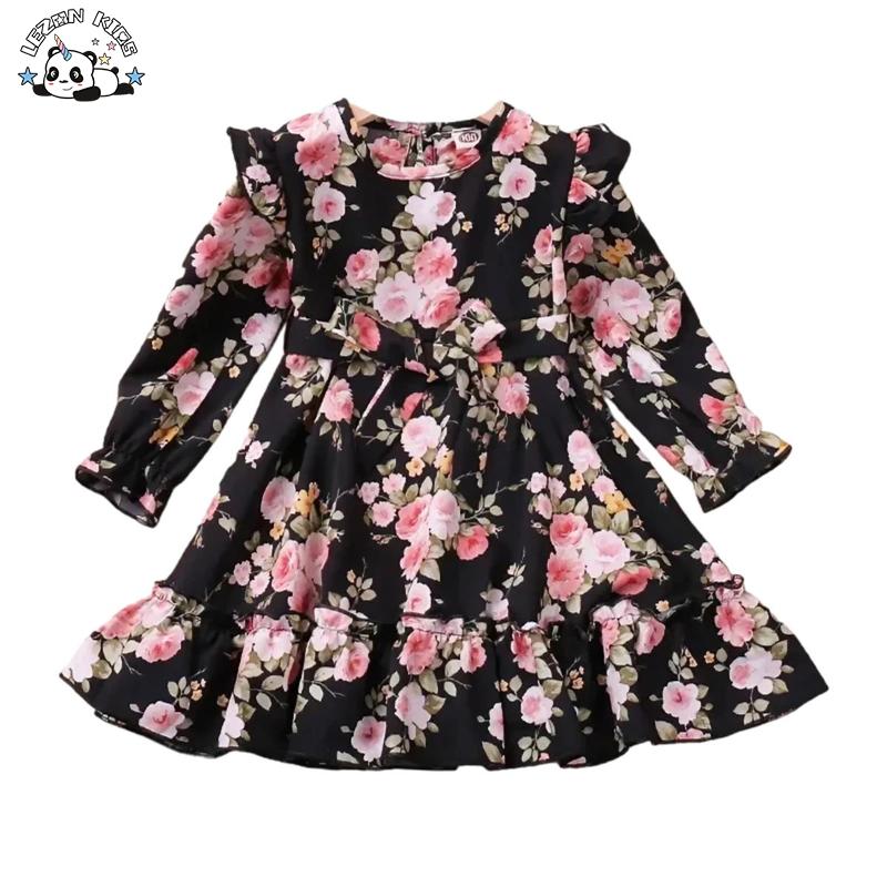 Wholesale Girls Long Ruffle Sleeve Flower Polyester Girls Dress Spring Fall Winter Wear Dresses for Kids Girls