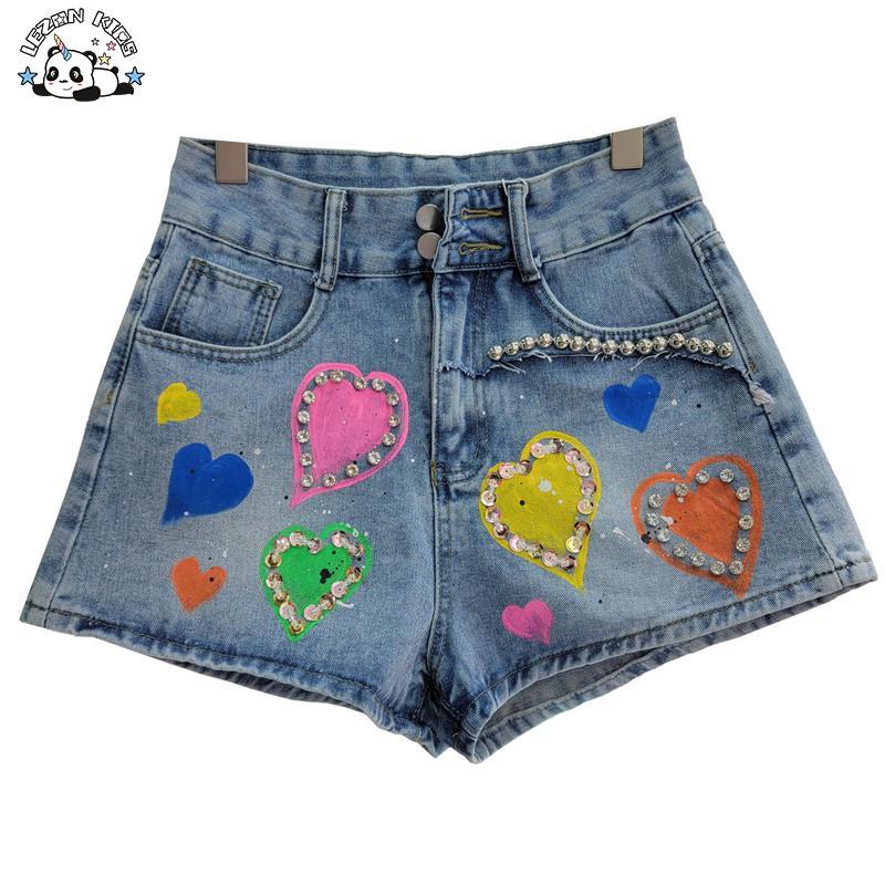 Customizable Summer Casual Diamond Beaded High Waist Girls Denim Shorts