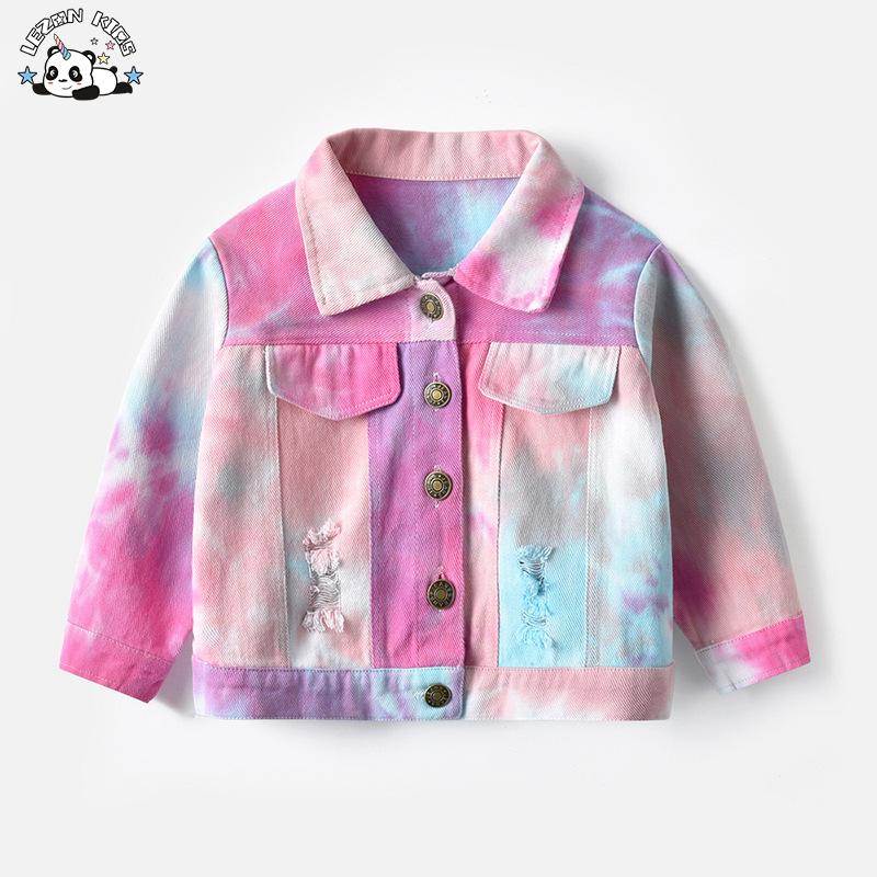 Custom Tie-Dye Print Casual Denim Jacket Boys Plaid Pattern Varsity Outwear Hooded Collar Cotton Filling Long Jacket
