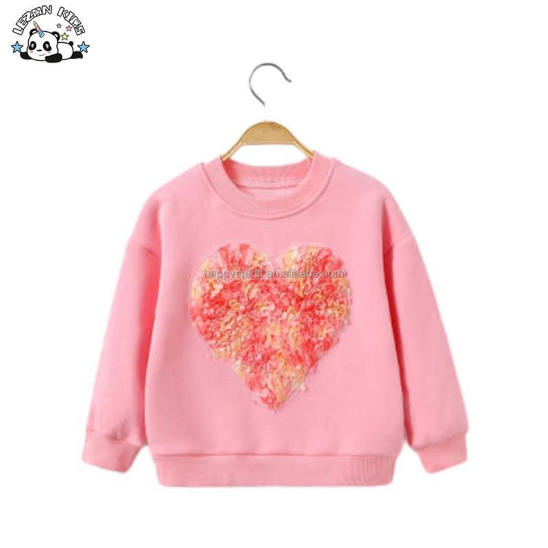 Customizable Casual pink Heart Embroidery Kids Custom Fleece Pullover Sweatshirt in Spring and Autumn for Girls