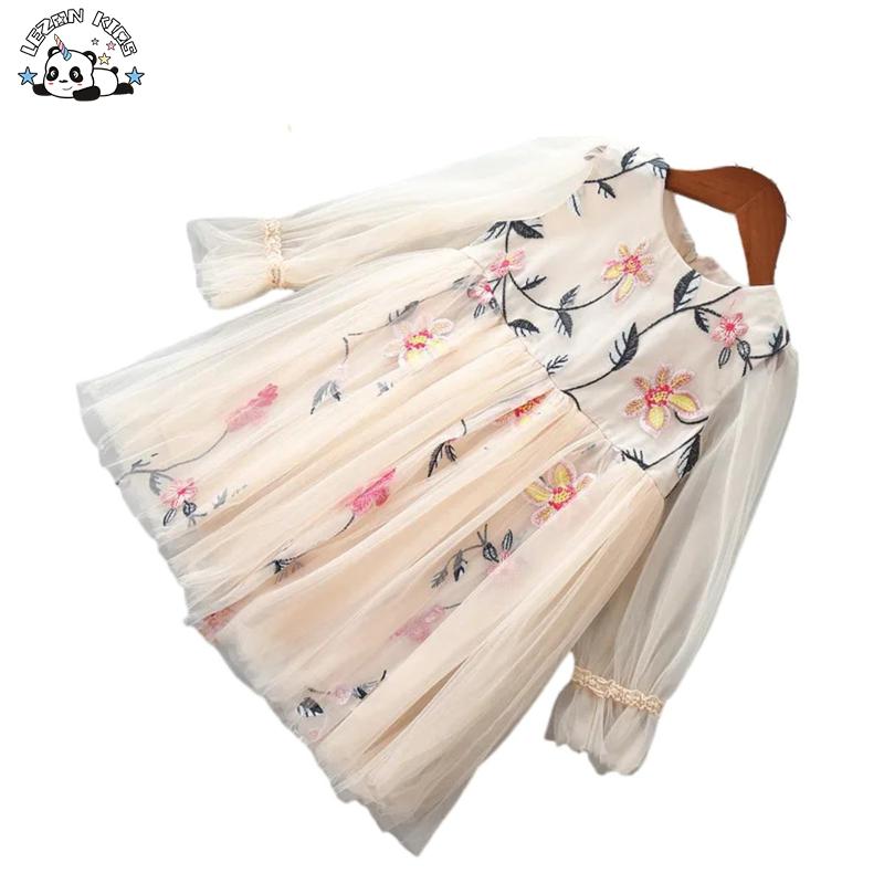 Girl’s Embroidery Flower Tulle Princess Dress Long Sleeves Cute Winter Clothing for Toddlers Aged 2-14 Years