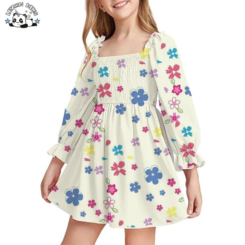 Factory Direct Price Long Sleeve Cute Flower Printing Children’s Dress Dresses for Kids Girls