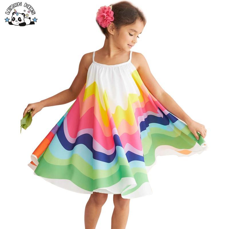 Customizable Summer Chiffon Sleeveless Strap Dress Girls Fashion Rainbow Print Princess Dress
