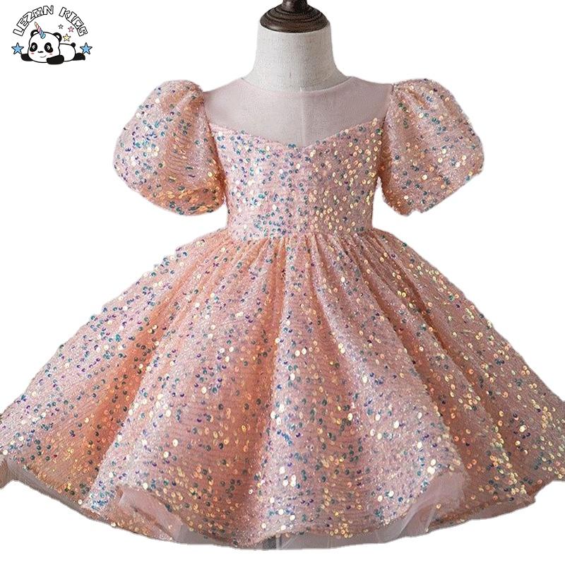 New Sequins Birthday Princess Dress First Year Dress Performance Dress Little Girl Flower Girl Wedding Bubble Sleeve