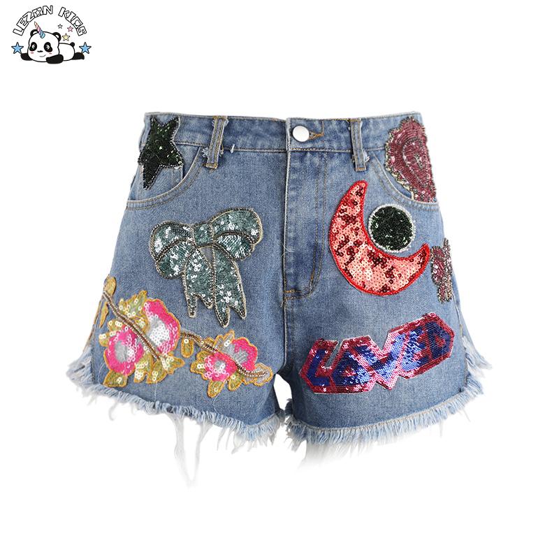 New Style Beaded Sequin Applique Women Sexy Mini Hot Denim Jean Shorts for Girls