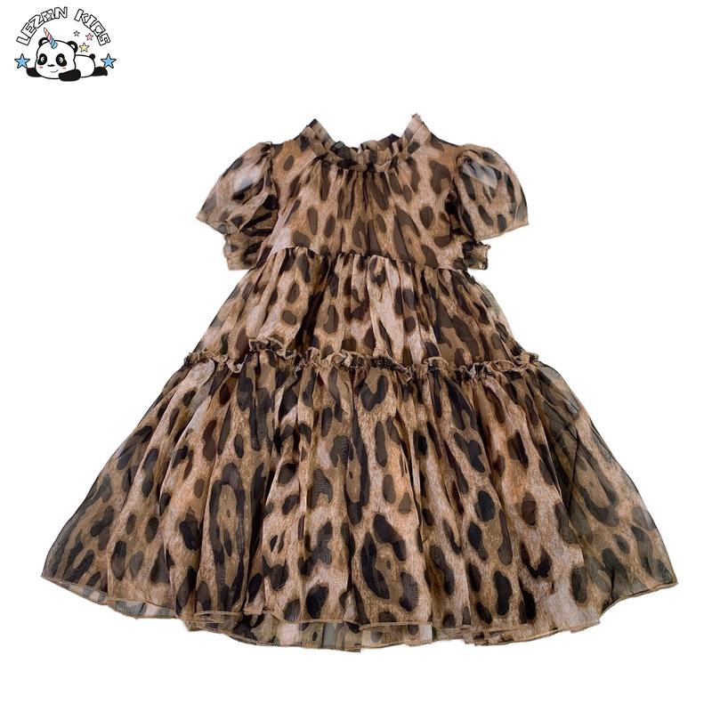 Custom Princess Puff Sleeve Brown Leopard Twirl Tutu 2-12 Years Long Cotton Short Sleeve Breathable Soft Girls Dress