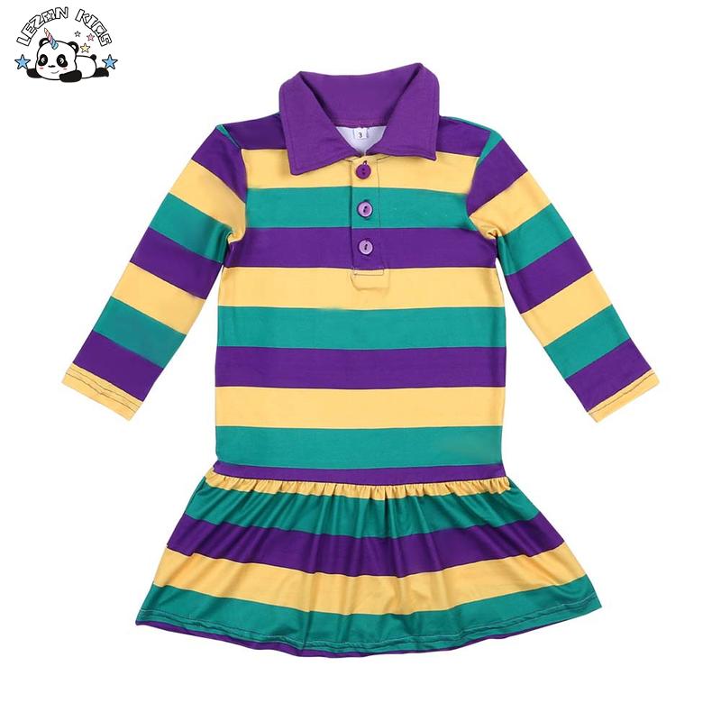 OEM Customizable Spring Mardi Gras Fashion Purple Green Gold Stripes Long Sleeve Girls Dresses for Party