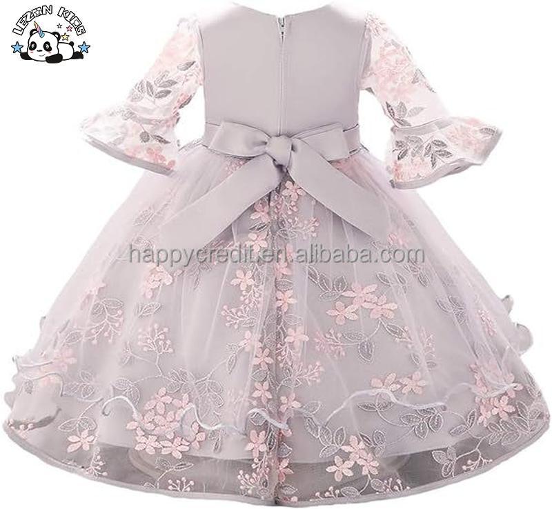 2024 Hot Sale Lace Princess Wedding Baptism Dress Long Sleeve Formal Party Wear for Girl