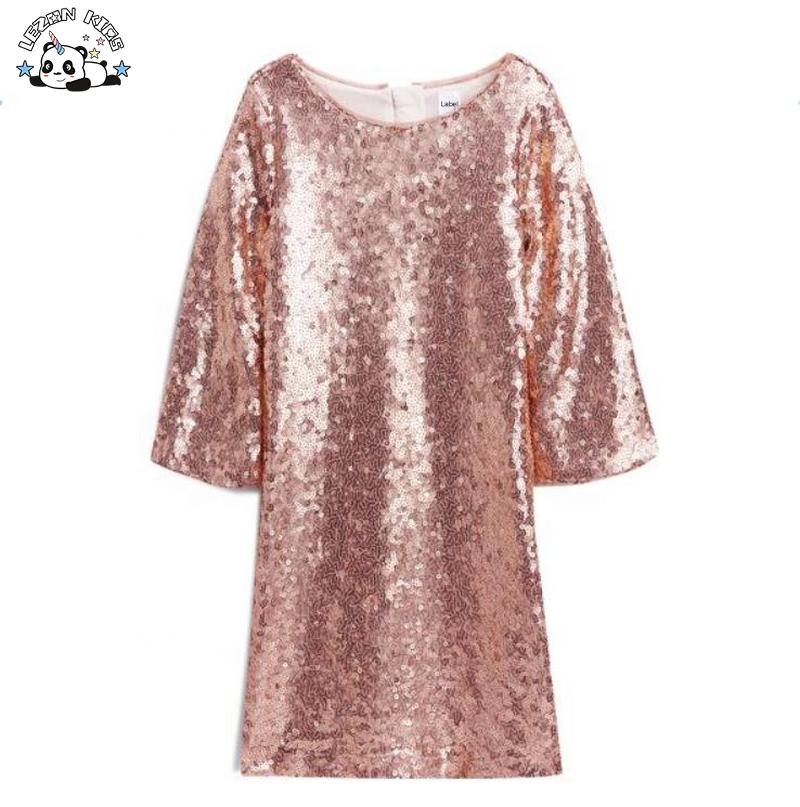 Rose Gold Sequin Bell Sleeves Dress Girls Kids Clothes Elegant Vintage Style Ball Gown Turtleneck Print Cute Formal Girls Dress