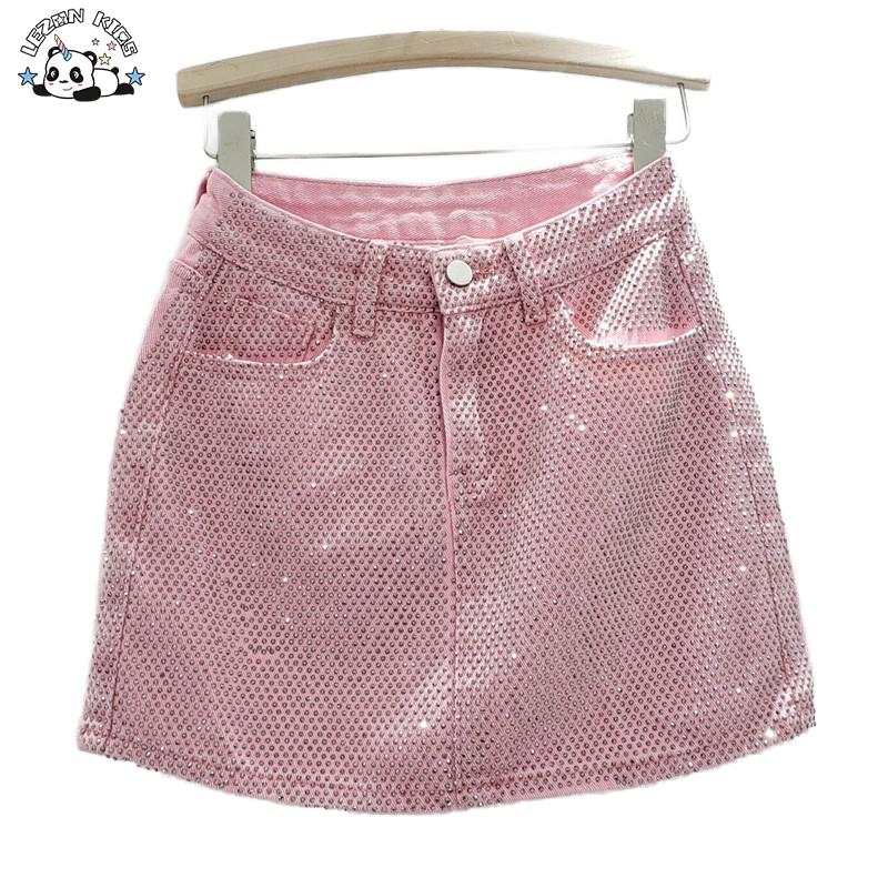 Custom Denim Hot Drilling Skirt Kids Girl Casual Summer Fashion Girls Skirts with Lining