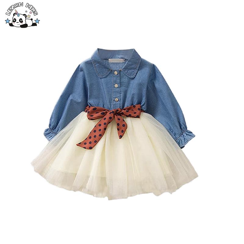 Denim Long Sleeve Peter Pan Collar Tulle Hem Girls Dresses Casual Girls Clothing Dresses for Kids Girls