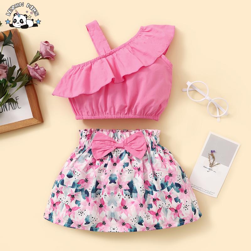Summer Girl Set One-Shoulder Lotus Leaf Collar Blouse Floral Skirt
