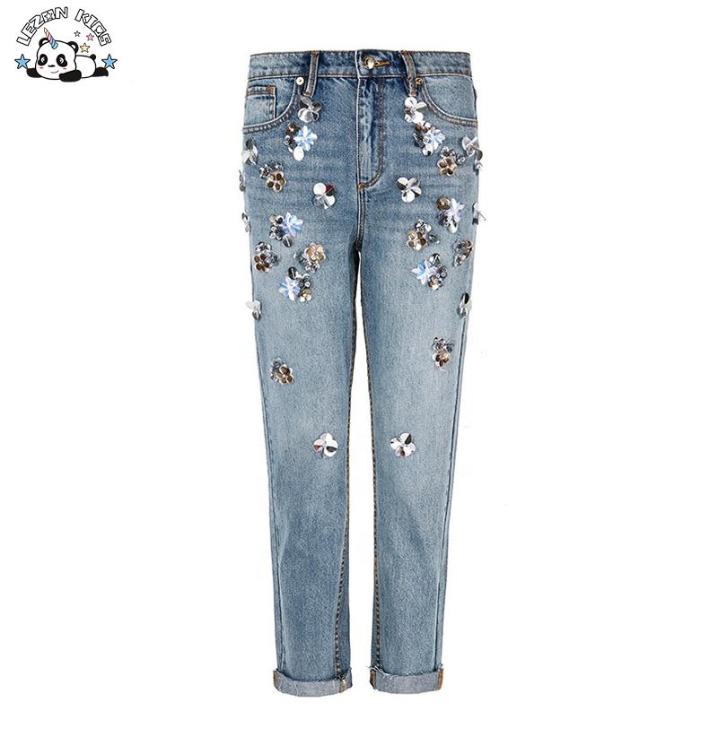 Customize Sparkle Sequin 3D Flowers Slim Fit Jeans Pants