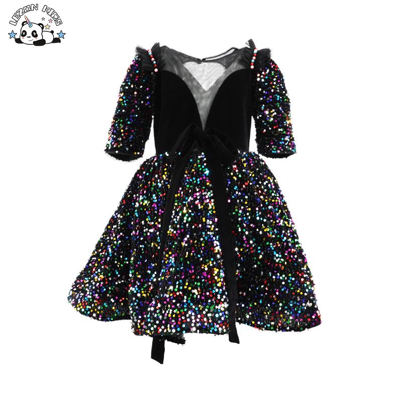 Fashion Girls’ Ball Gown Sequined Tulle Ruffle Sleeve Smocked Dress