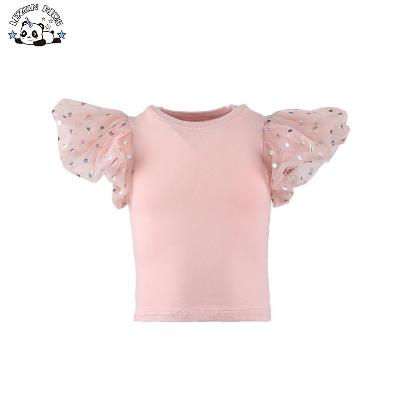 Customized Summer Tulle Elastic Short Puff Sleeve T-shirt for Kids Girls Rainbow Foil Print on Fabric Age 12 Years