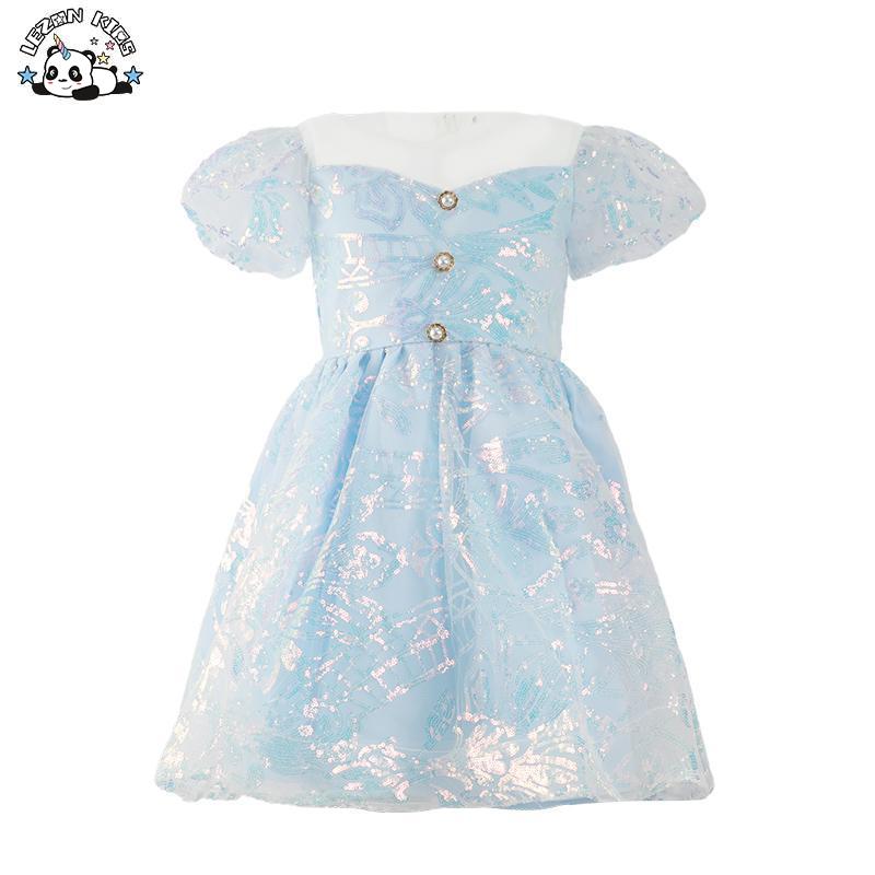 Blue Sequin Girl’s Dress Printed Tulle Crystal Bow Decorations Casual O-Neck Princess Style Performance Kids Skirt