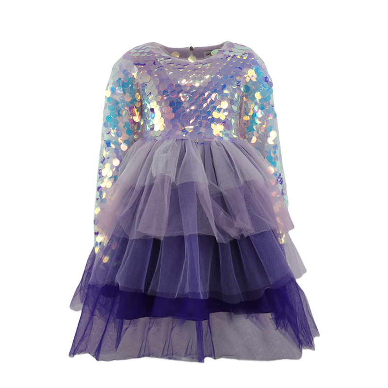 Girls’ Sequins Gradient Tulle Long-Sleeve Layered Dress