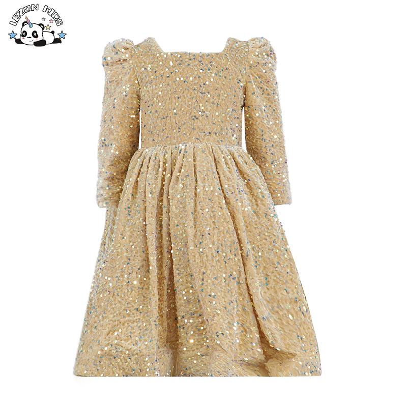 Top Fashion Kids Spring Dress Long Sleeve Square Collar Tutu Velvet Sequin Girls Dress for 2-14T