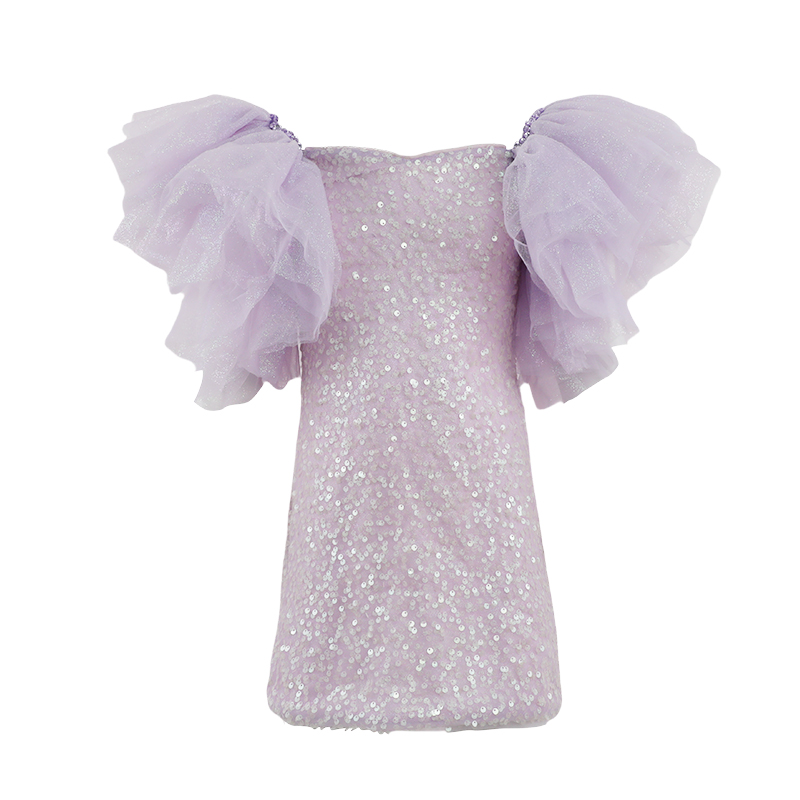 Girls’ Light Purple Sequin Mesh Puff Sleeve Dress