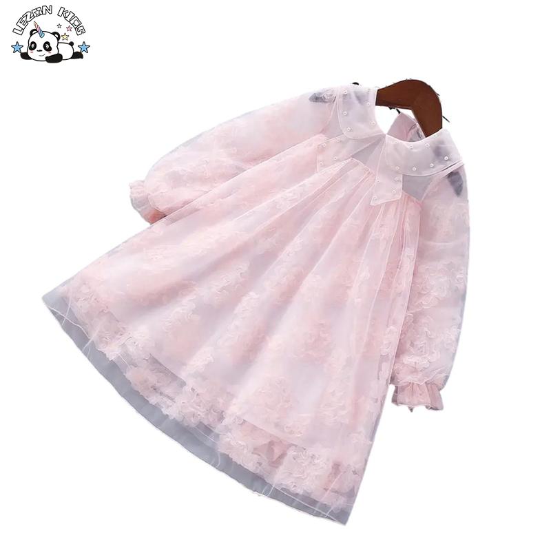 Girl’s Sweet Pearls Tulle Dresses Princess Skirt Children’s Dress with Flowers